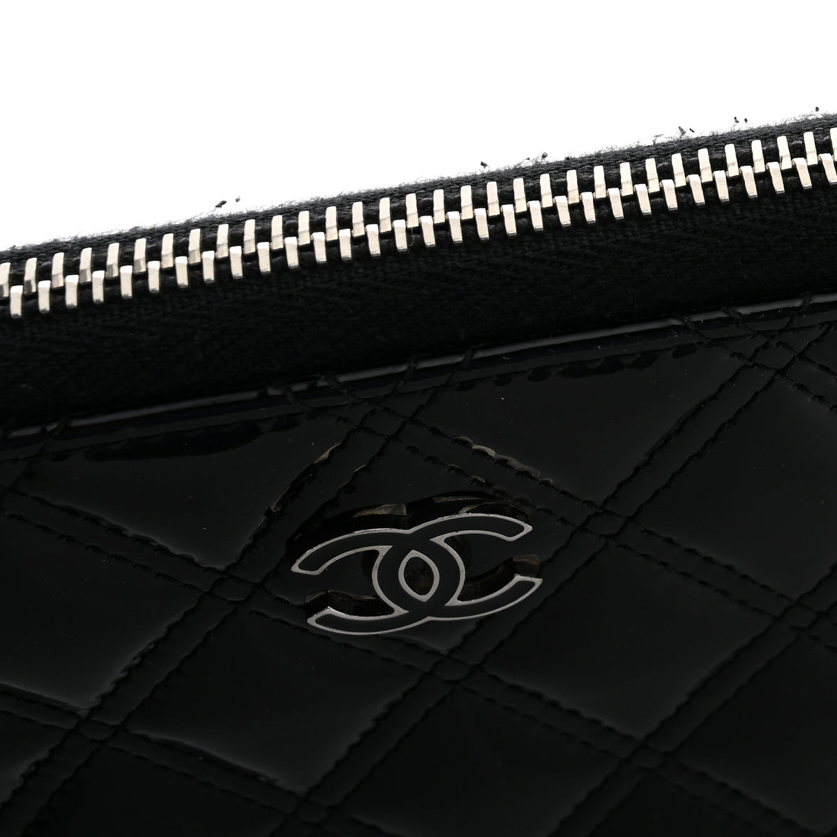 Patent Quilted Large Gusset Zip Around Wallet Black