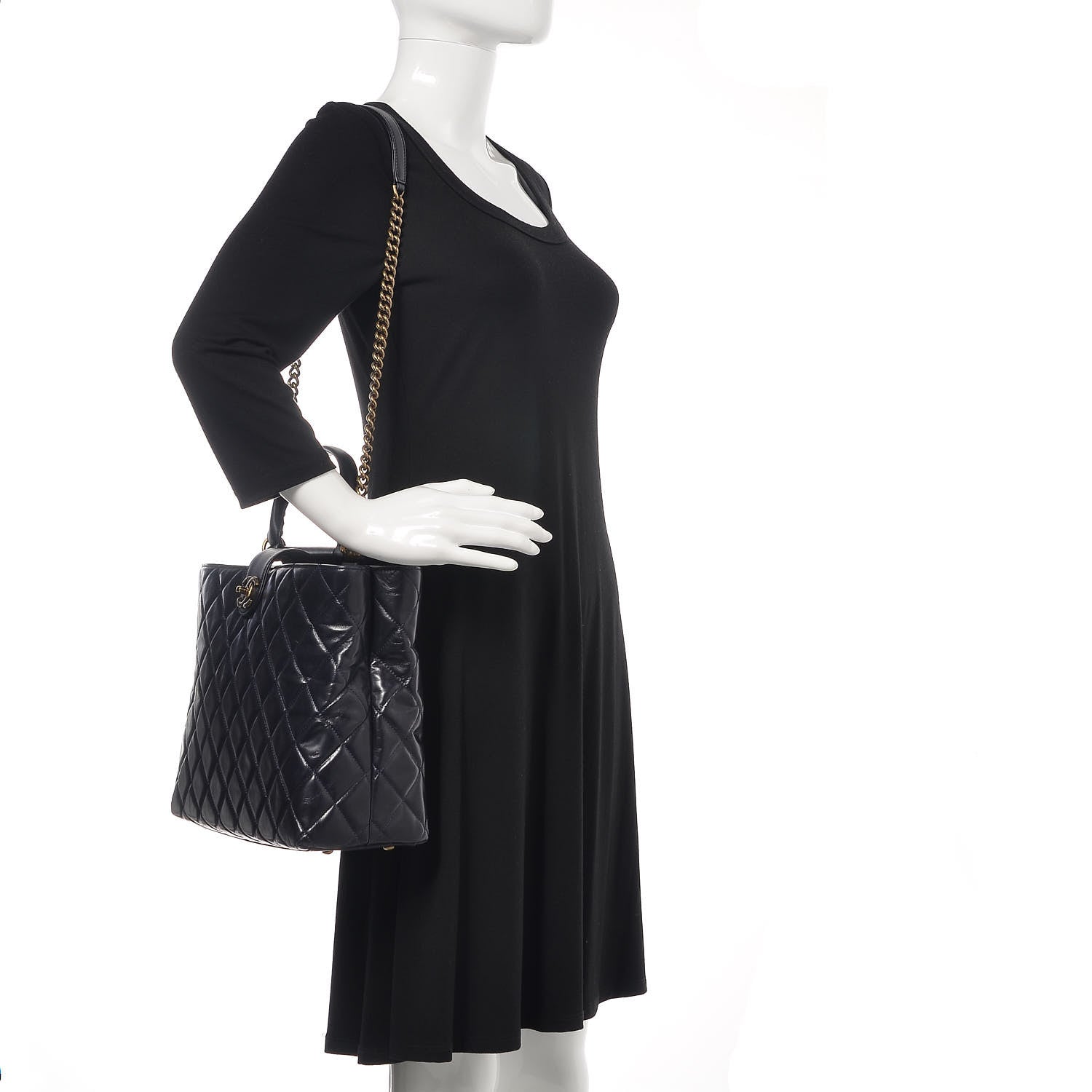 Chanel Calfskin Quilted Large Gold Bar Top Handle Tote Dark Navy Blue 2 of 15