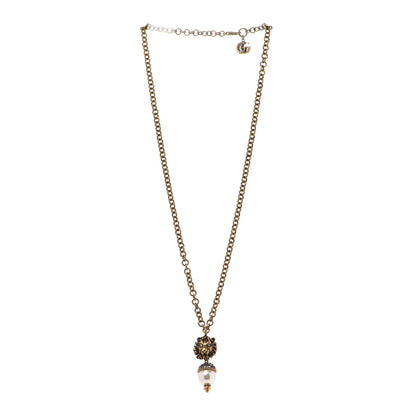 Gucci Metal Crystal Pearl Lion Head Necklace Aged Gold 3 of 7
