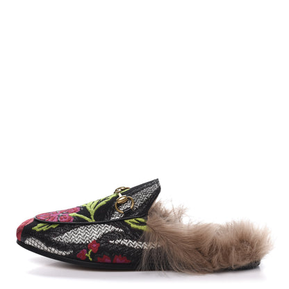 Gucci Brocade Fur Floral Womens Princetown Slippers 35 Black Anthracite 1 of 8