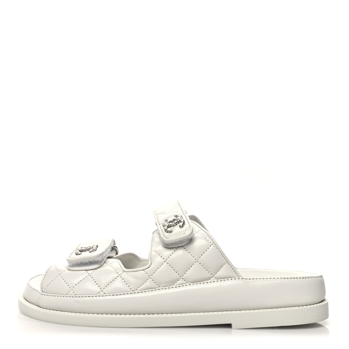 Lambskin Quilted Velcro Dad Chain CC Slide Sandals 38 White