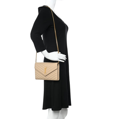 Saint Laurent Grain De Poudre Matelasse Chevron Monogram Chain Wallet Dark Beige 2 of 14