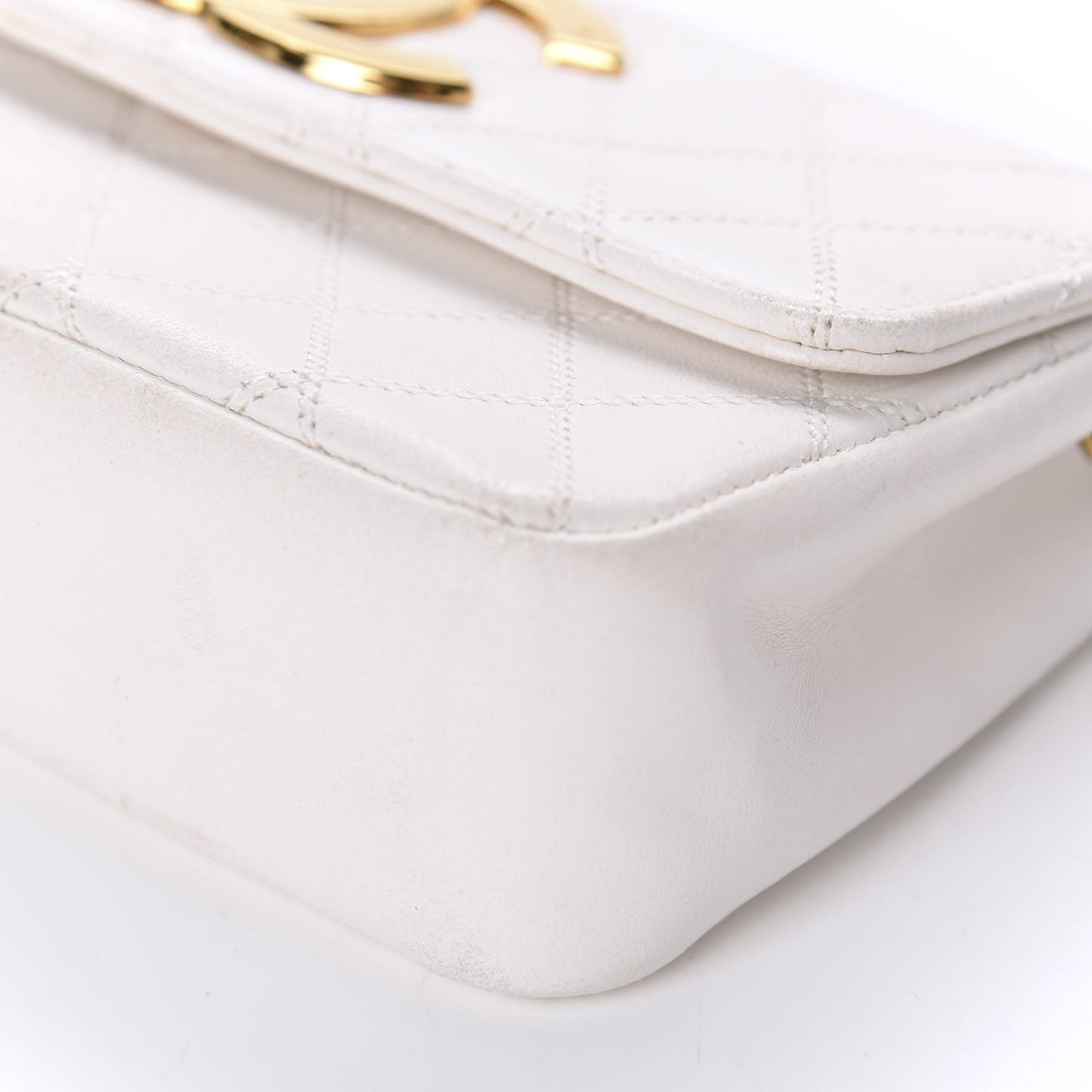 Calfskin Diamond Double Stitch Flap White