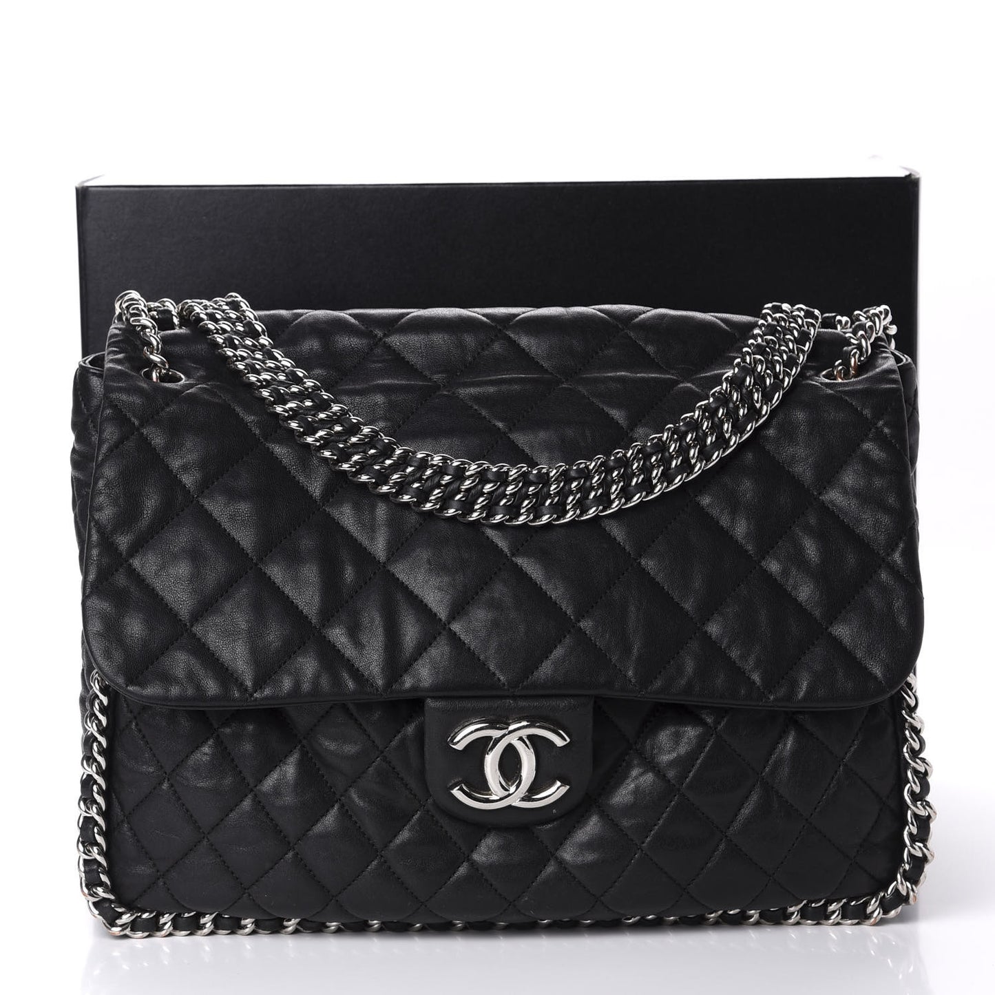 Washed Lambskin Quilted Maxi Chain Around Flap Black
