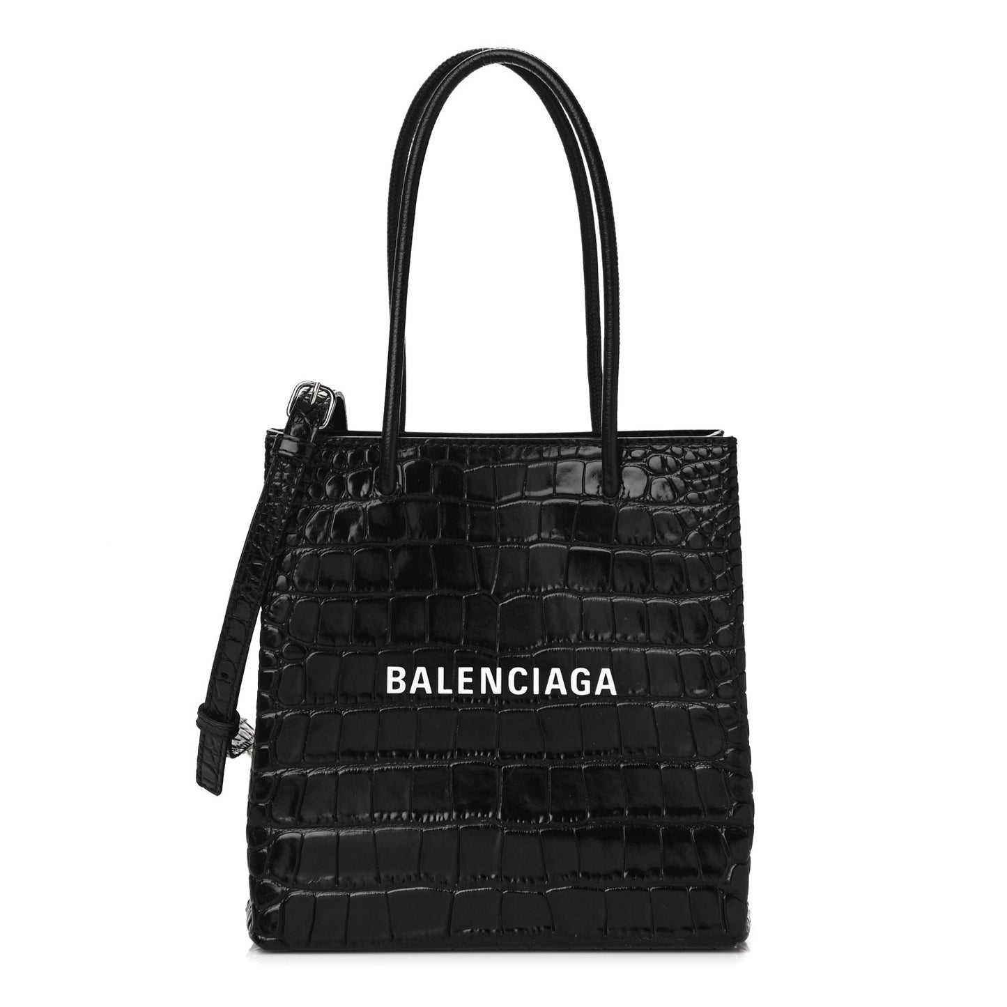 Shiny Calfskin Logo Crocodile Embossed North South Shopper Tote XXS Black White