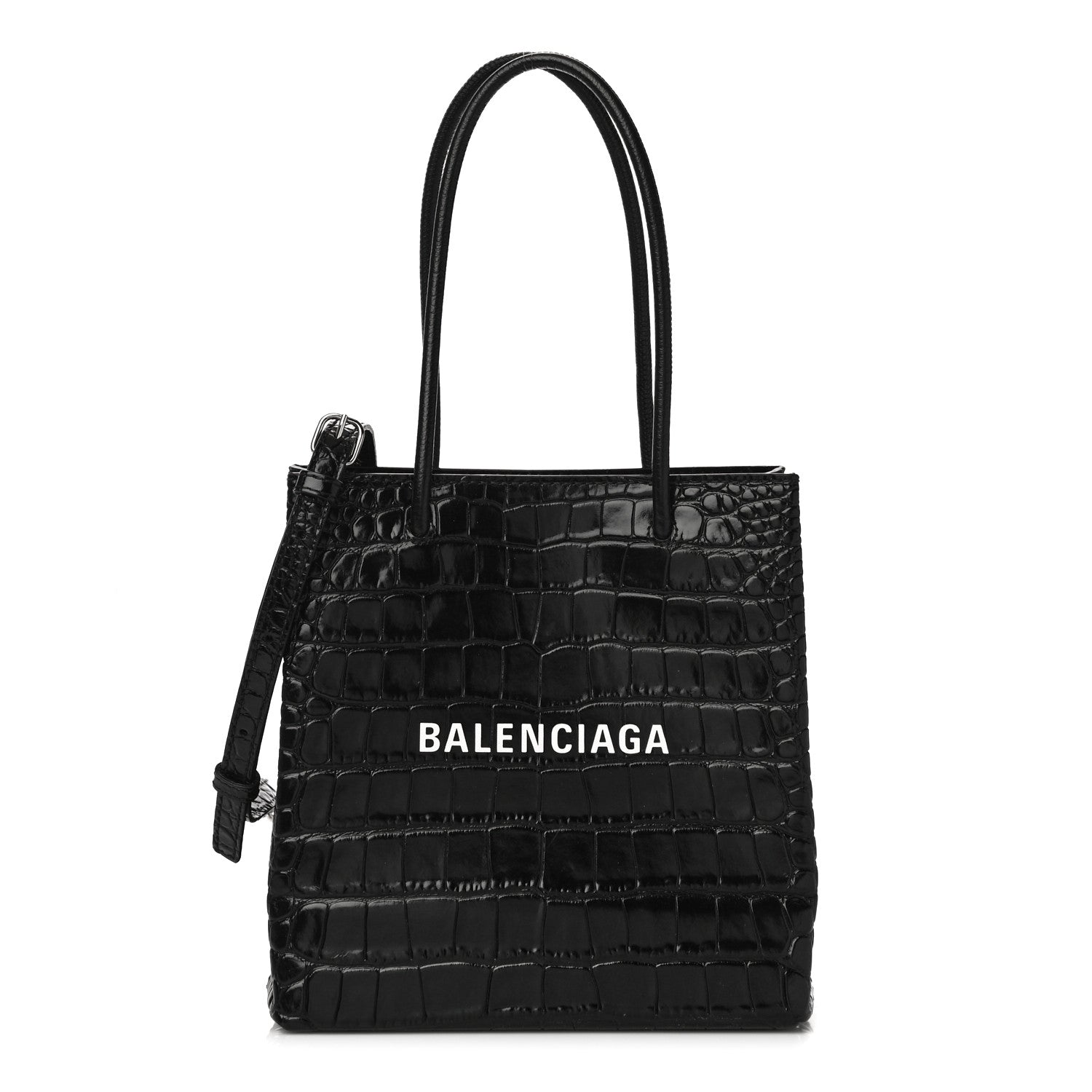 Balenciaga Shiny Calfskin Logo Crocodile Embossed North South Shopper Tote XXS Black White 1 of 9