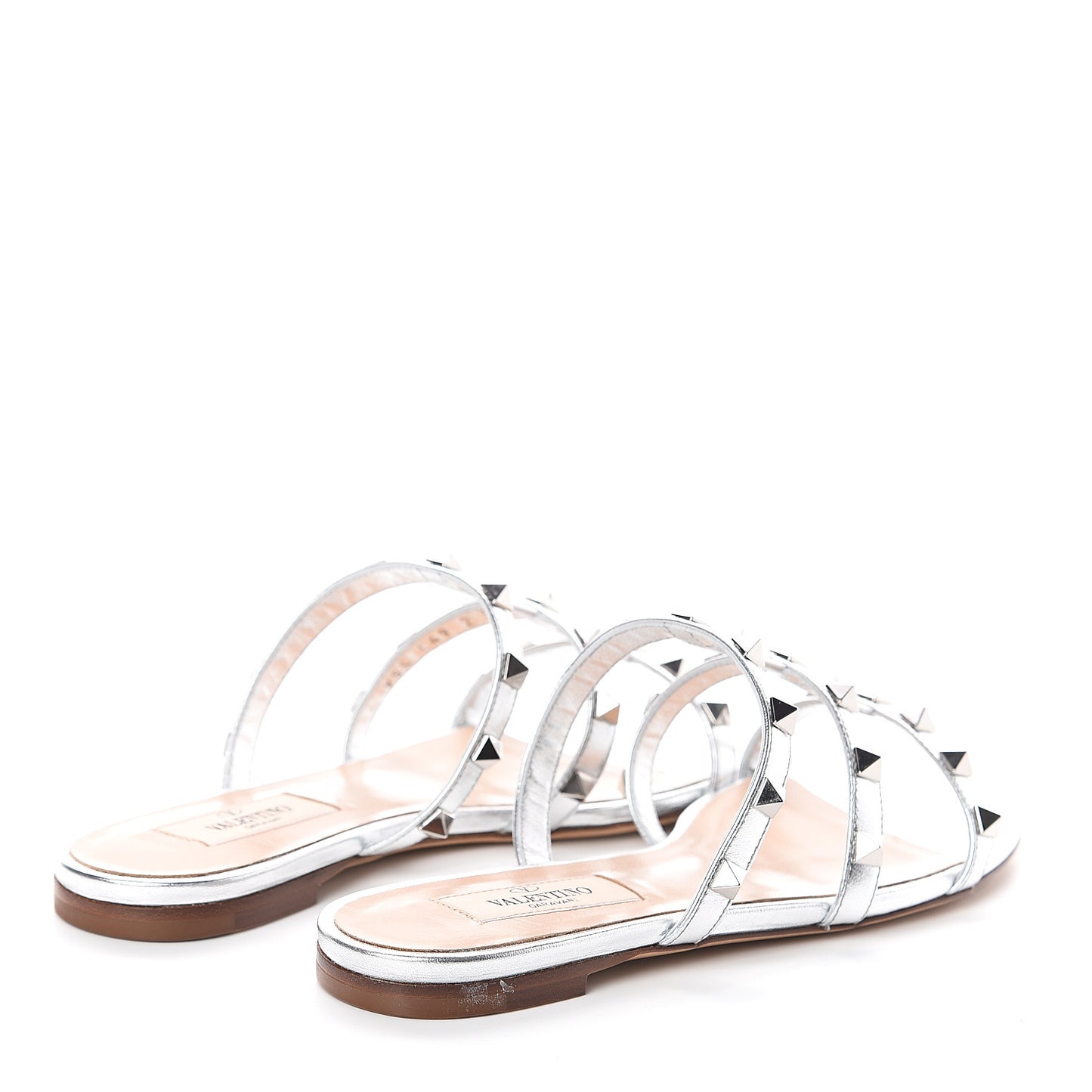 Metallic Nappa Rockstud Caged Flat Slide Sandals 35 Silver