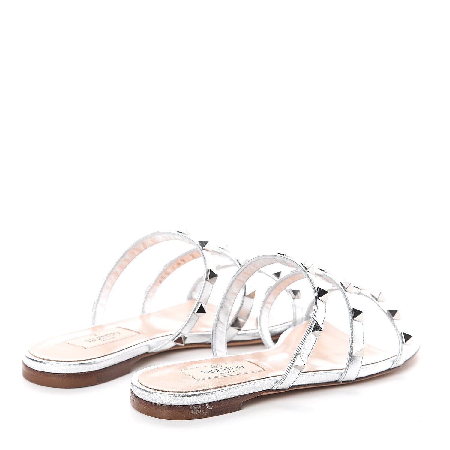 Valentino Garavani Metallic Nappa Rockstud Caged Flat Slide Sandals 35 Silver 4 of 7