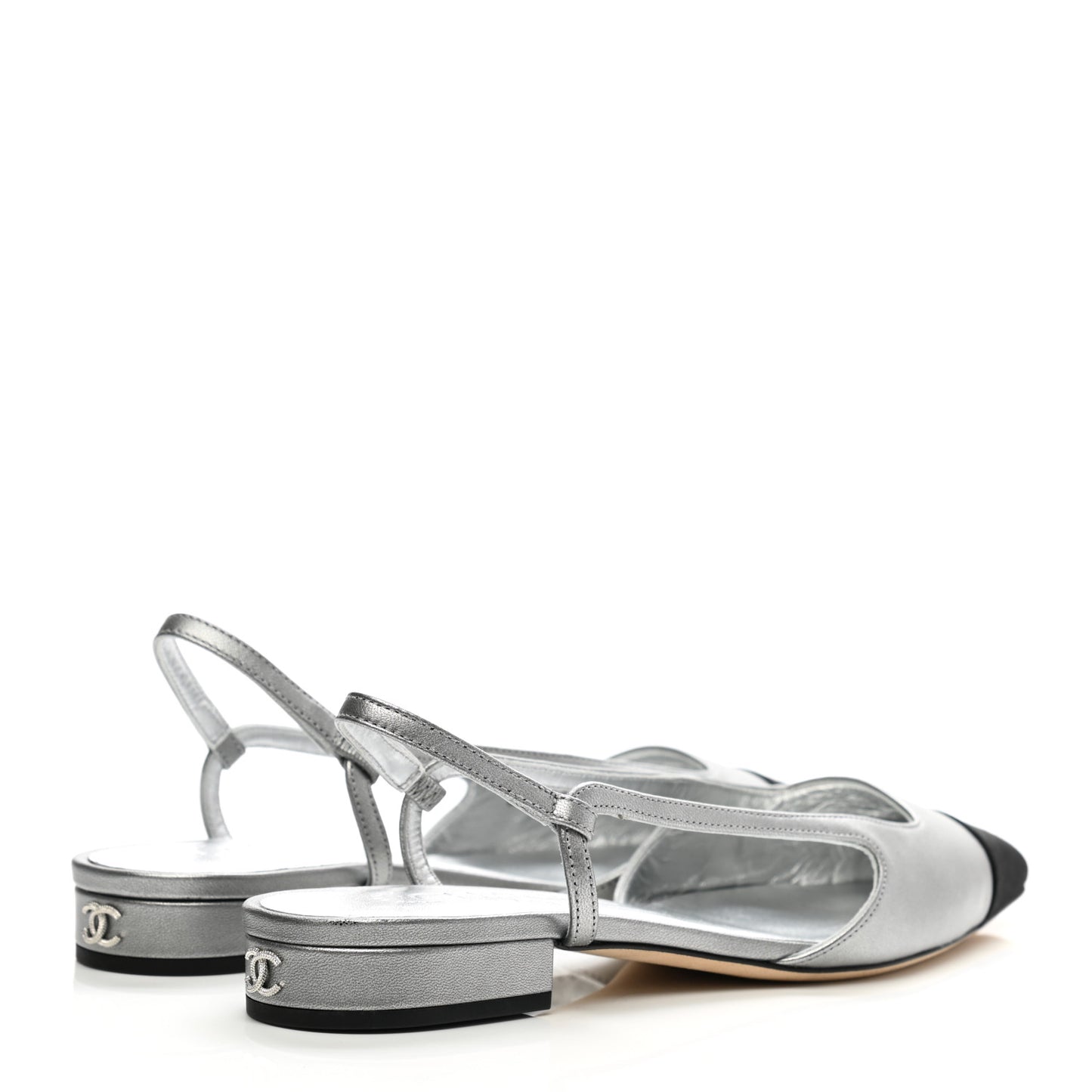 Metallic Lambskin Cap Toe CC Slingback Flats 37.5 Black Silver