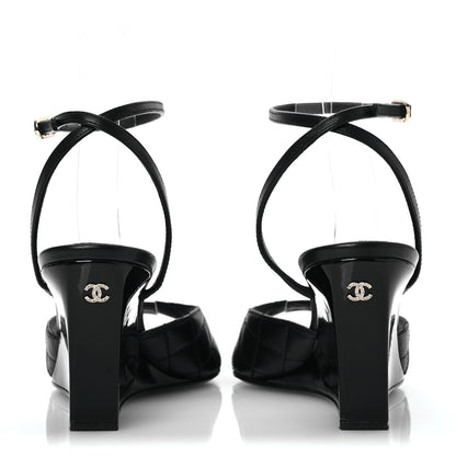 Chanel Lambskin Patent Quilted Wedge Sandals 37.5 Black 7 of 12