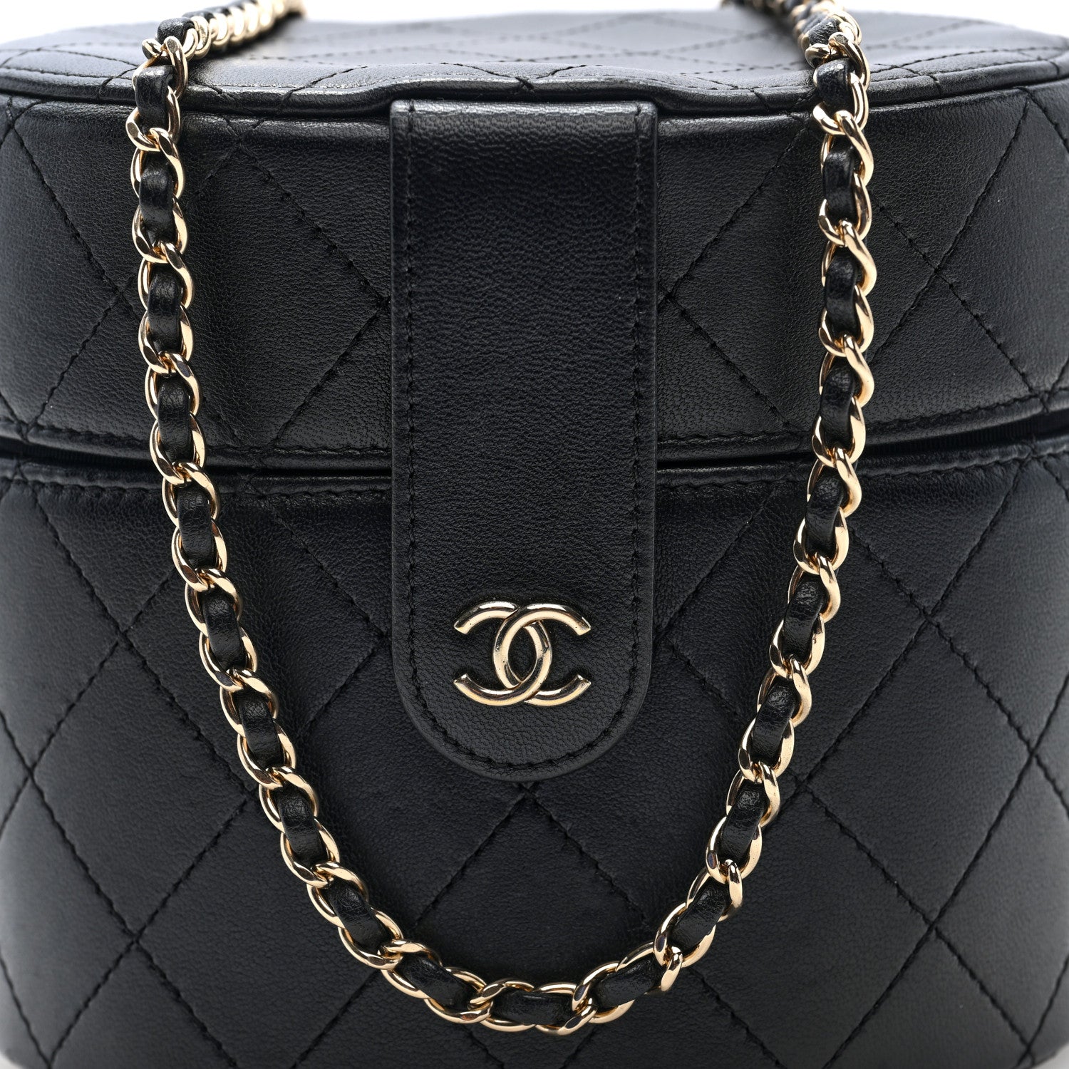 Chanel Lambskin Quilted Round Vanity Case With Chain Black 9 of 11