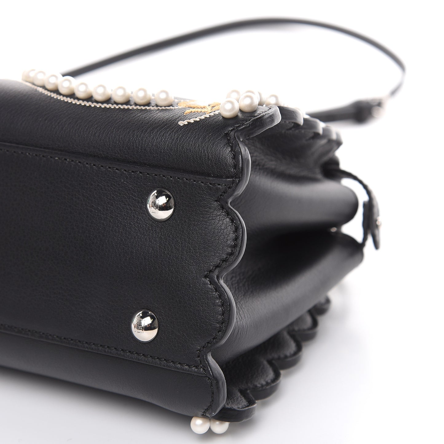 Calfskin Flowers and Bows Scalloped Mini Peekaboo Iconic Satchel Black Camelia