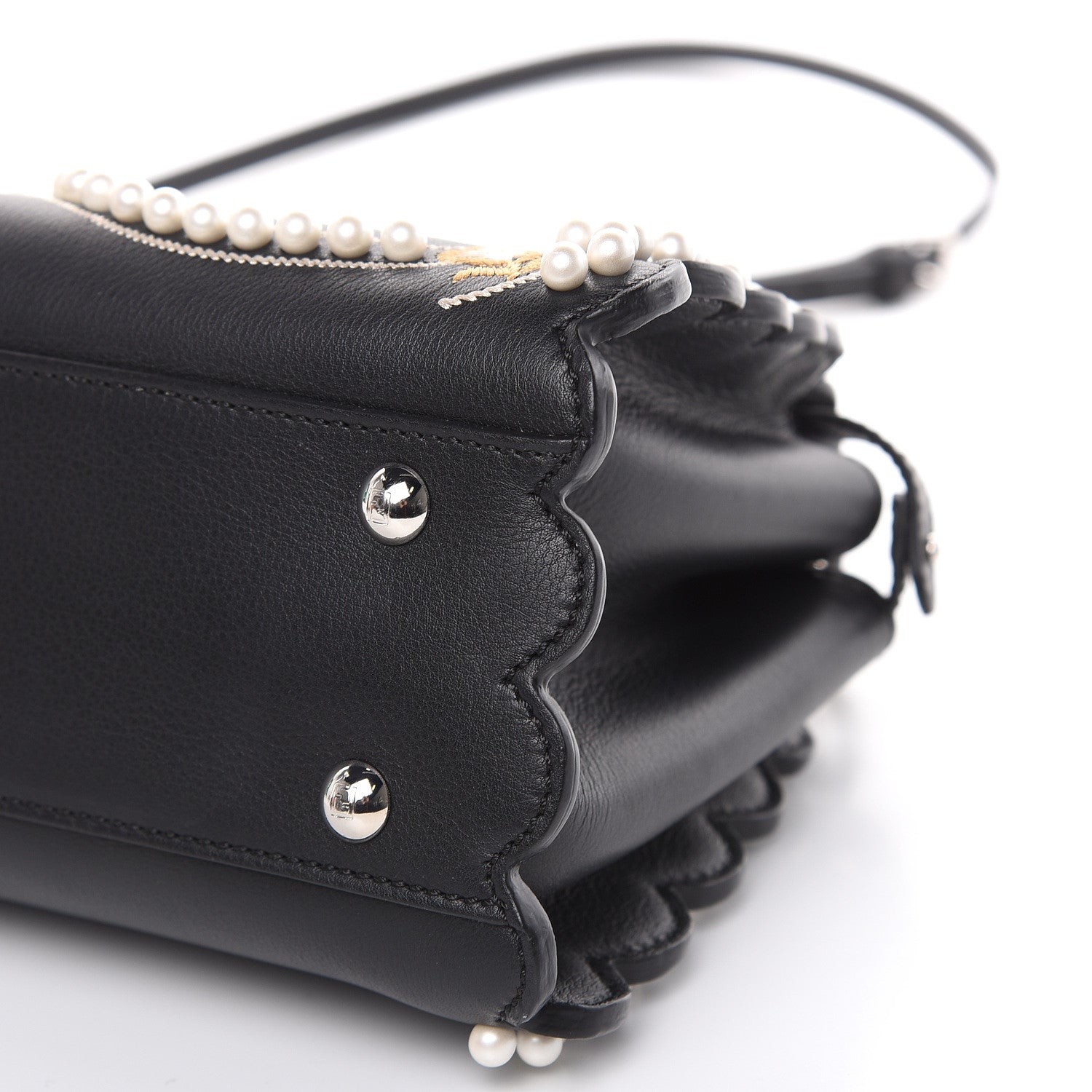 Fendi Calfskin Flowers and Bows Scalloped Mini Peekaboo Iconic Satchel Black Camelia 10 of 10