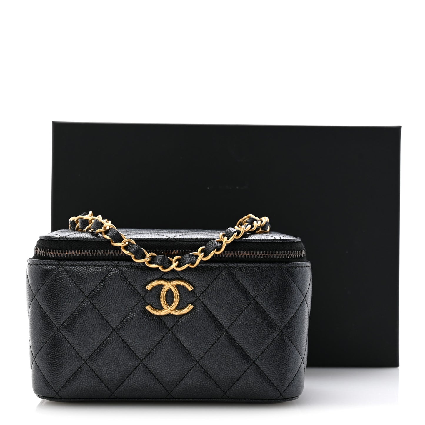 Pearly Caviar Quilted Fit For You Small Vanity Case With Chain Black