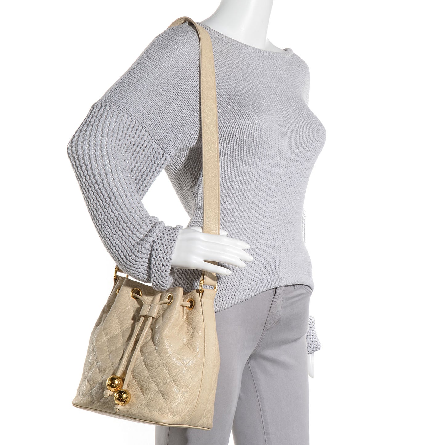 Caviar Drawstring Shoulder Bag Beige