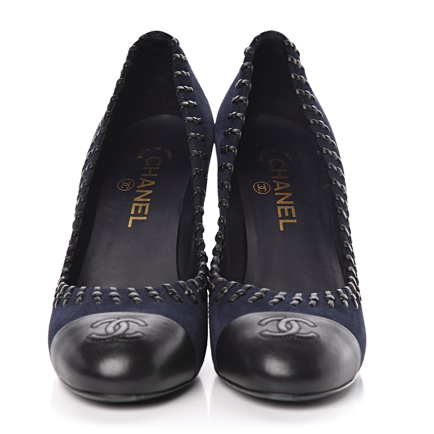 Chanel Suede Lambskin Cap Toe Pumps 39 Navy Black 2 of 13