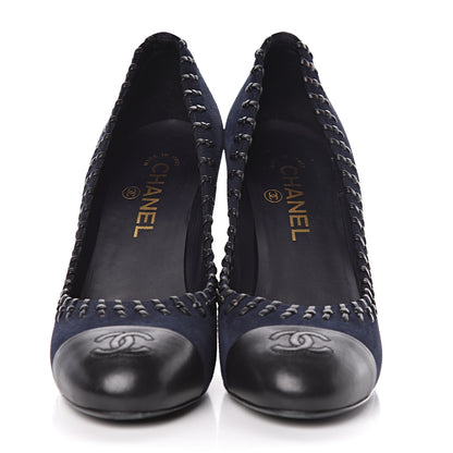 Chanel Suede Lambskin Cap Toe Pumps 39 Navy Black 2 of 13