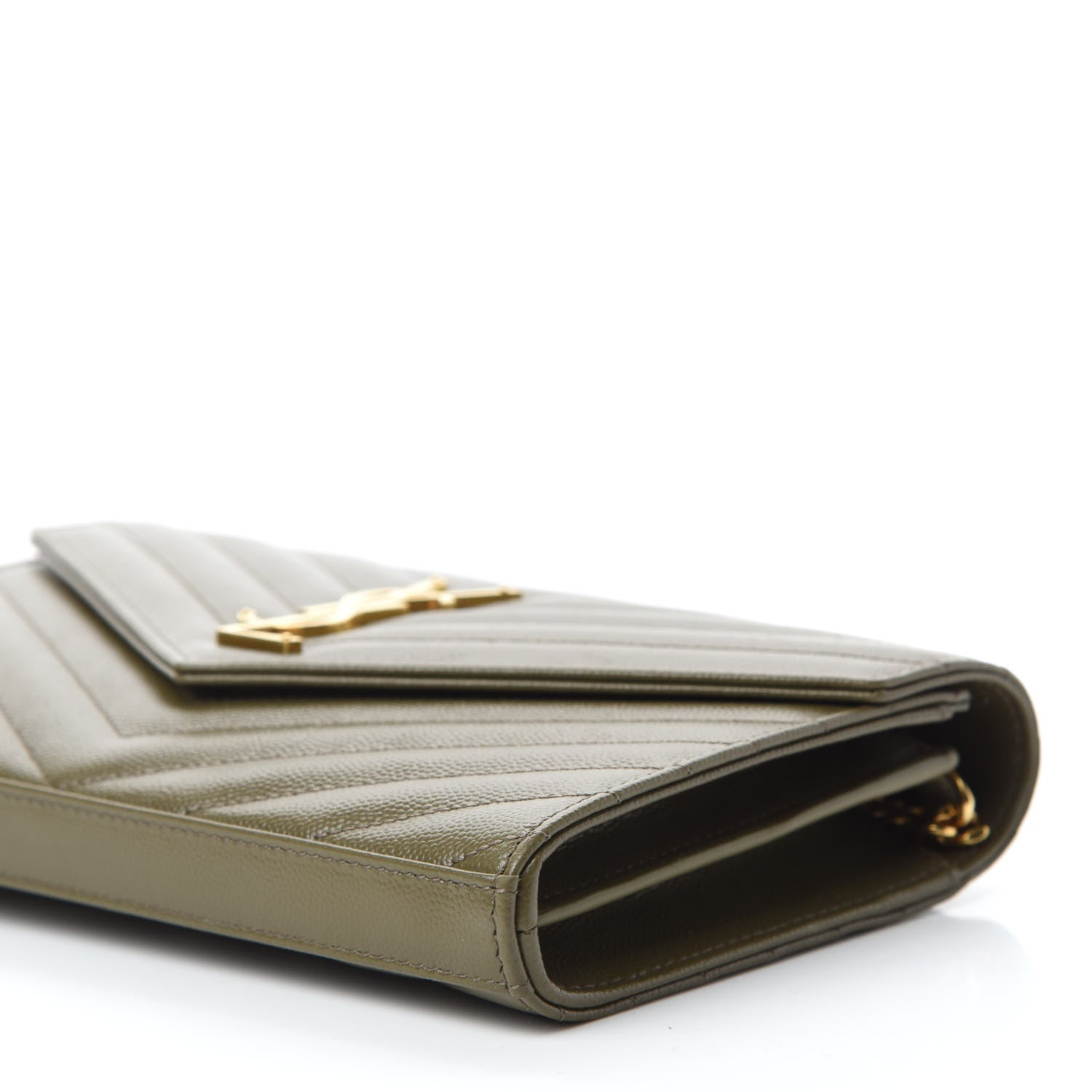 Saint Laurent Grain De Poudre Matelasse Chevron Monogram Chain Wallet Vert Kaki 7 of 10