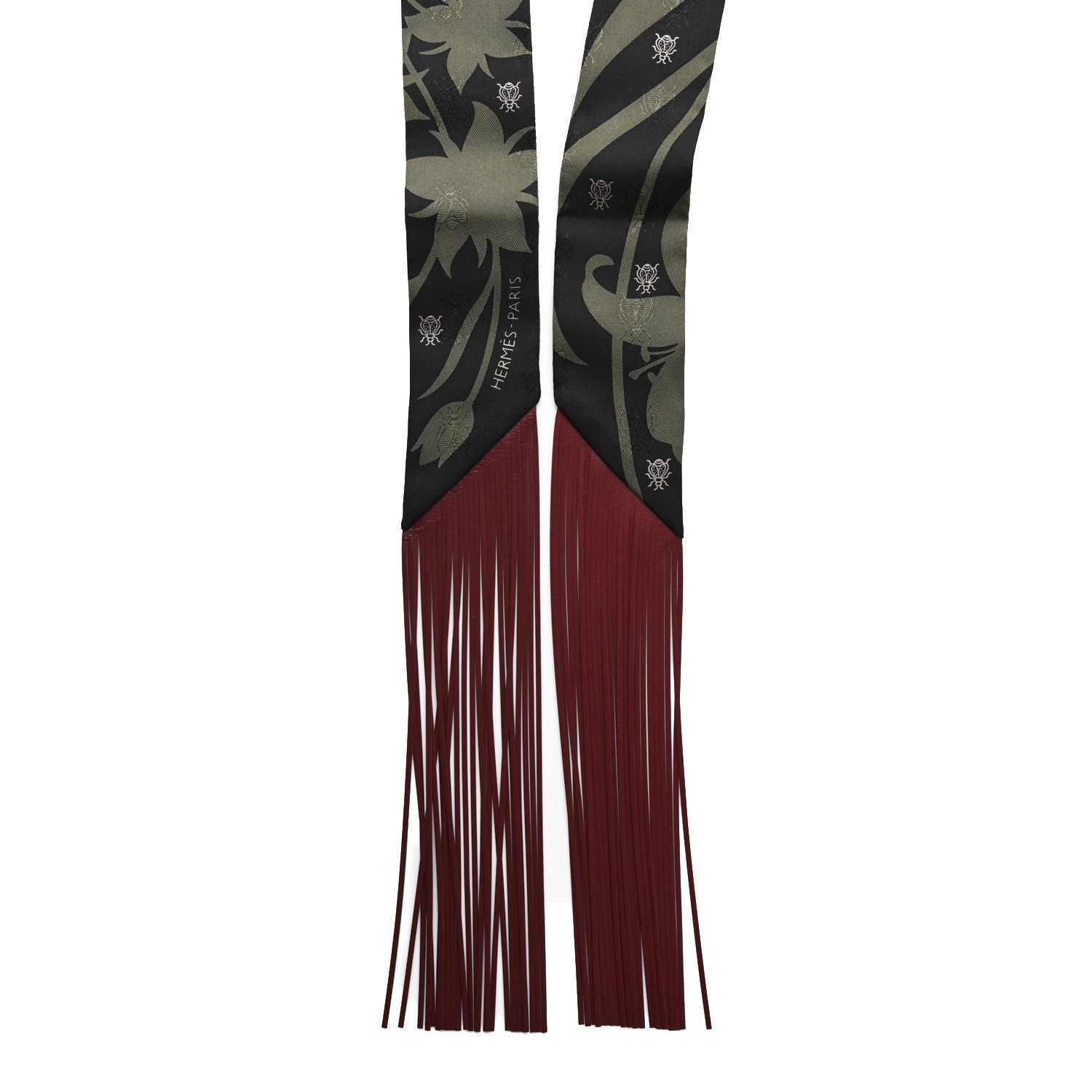 Hermes Silk Calfskin Bouquet Final Fringed Twilly Vert Loden Black 2 of 5