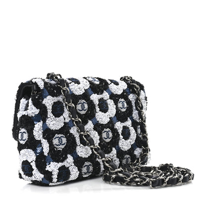 Chanel Satin Sequin Embellished Flower Mini Rectangular Flap Black White Blue 3 of 10