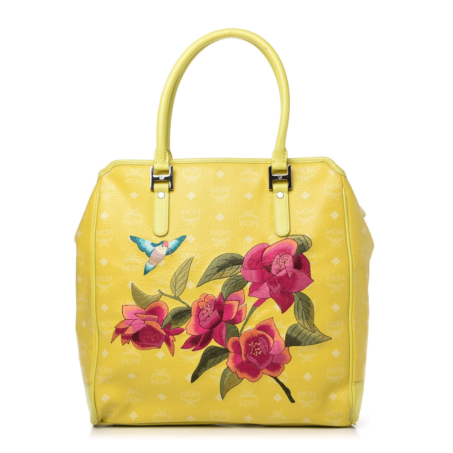 MCM Visetos Embroidered Flower Hummingbird Tote Yellow 1 of 20