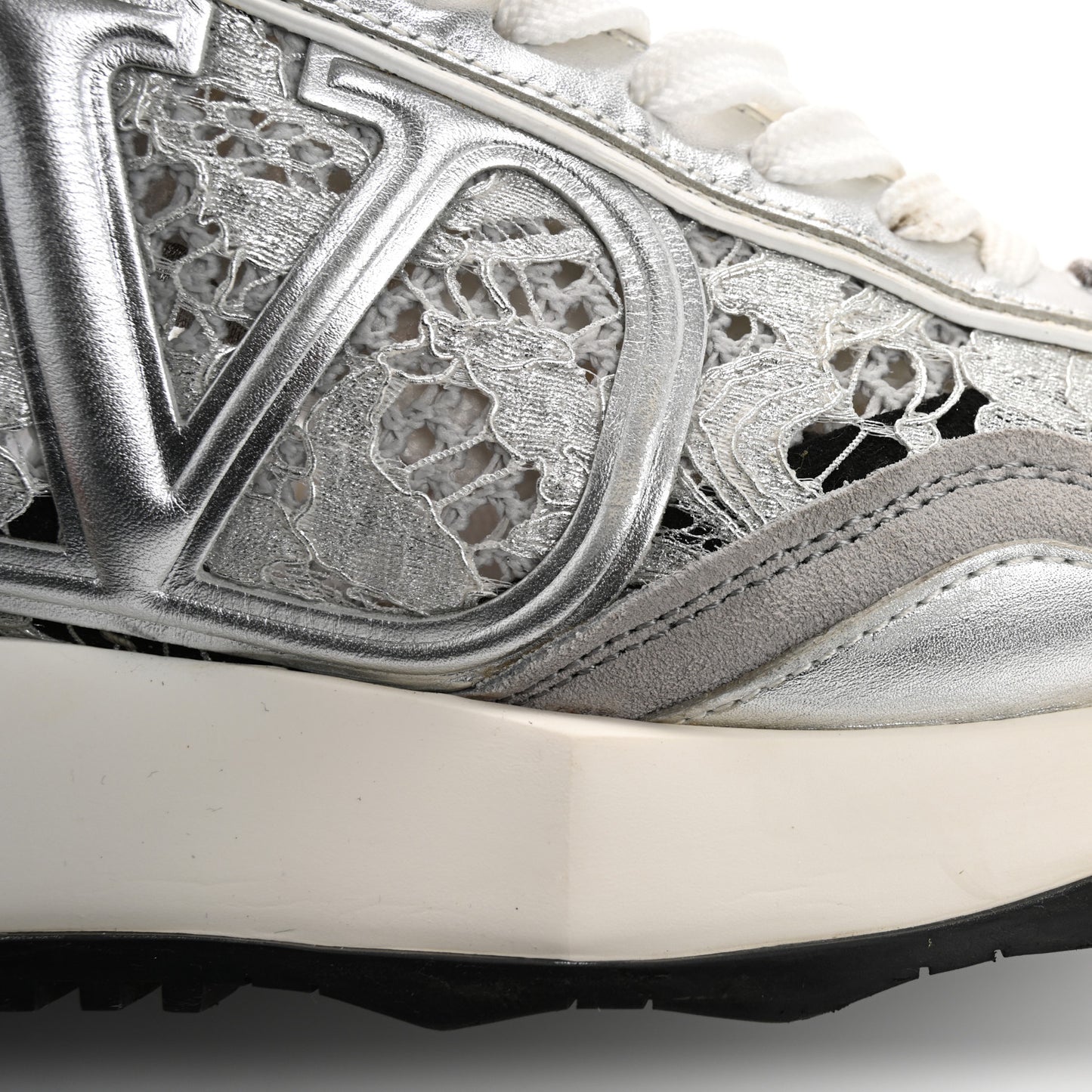 Metallic Calfskin Lace Mesh Lacerunner Sneaker 38.5 Silver Pastel Gray