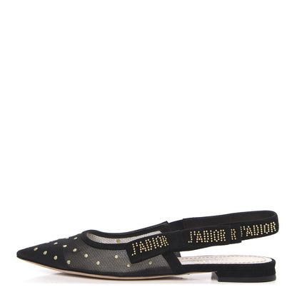 Christian Dior Plumetis Mesh Ribbon Dotted Studded J'Adoir Ballet Flats 38 Black Gold 1 of 9