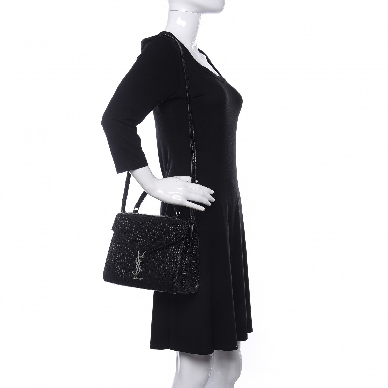 Saint Laurent Calfskin Crocodile Embossed Medium Classic Monogram Cassandra Top Handle Black Rouge Legion 2 of 8