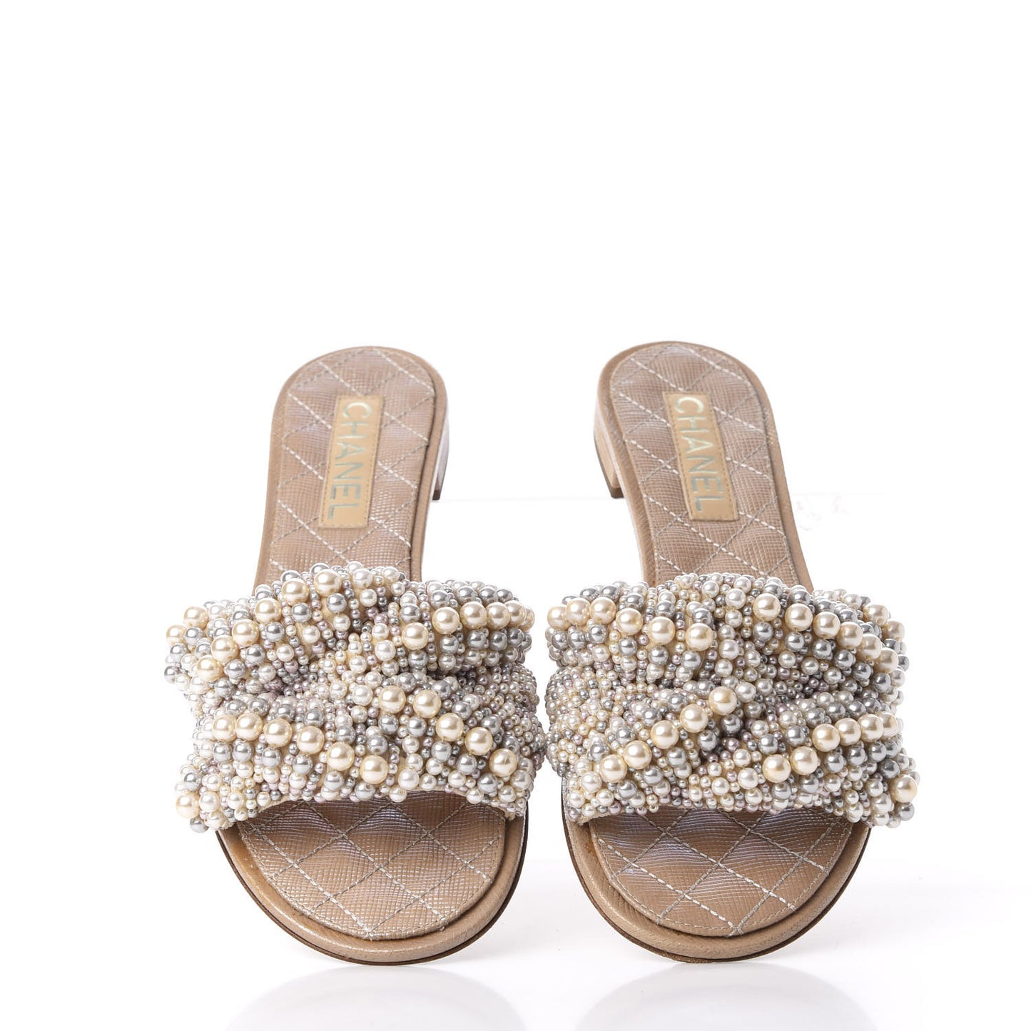 Calfskin Pearl Flat Sandals 40 Beige