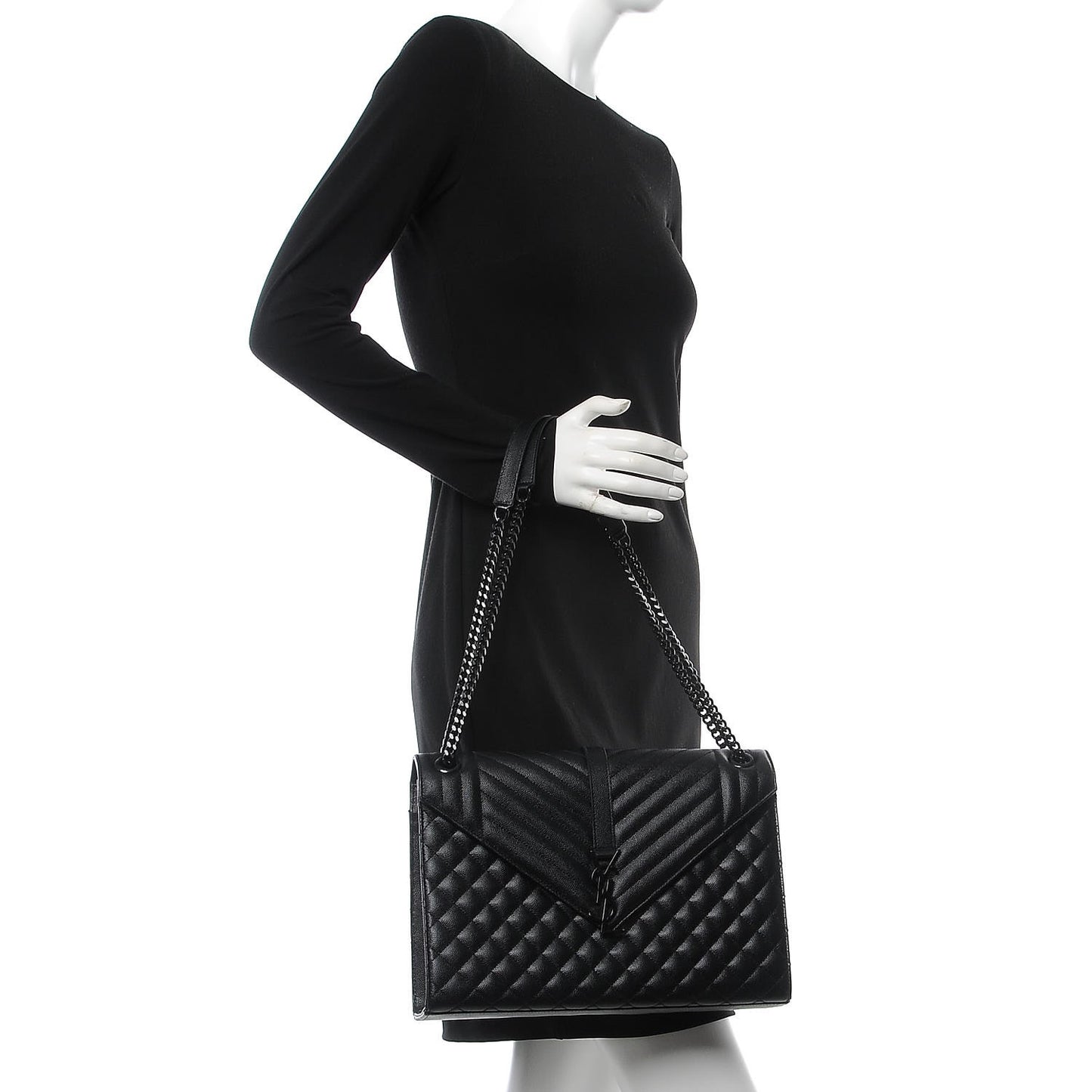Grain De Poudre Textured Mixed Matelasse Large Triquilt Monogram Monochrome Satchel Black