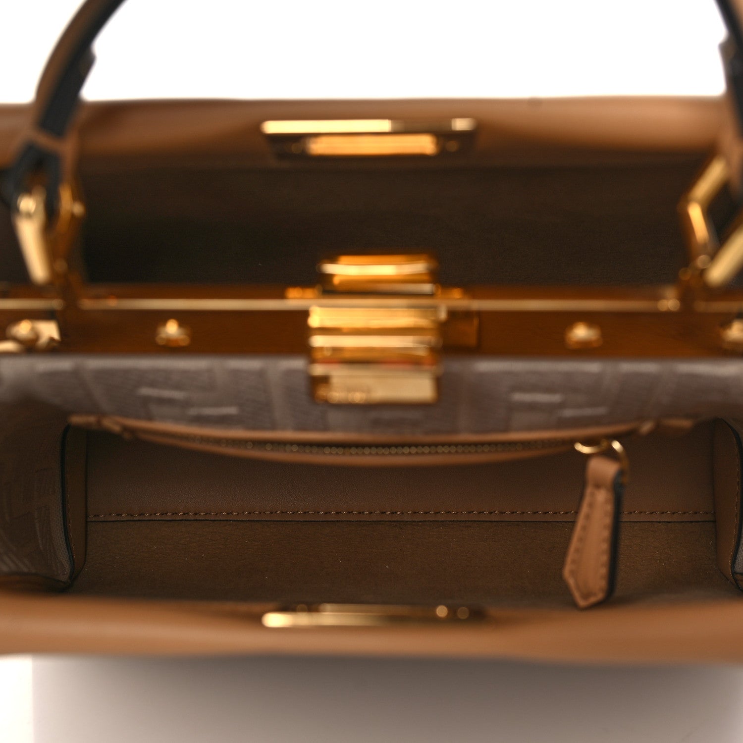 Fendi Vitello Seta Canvas FF Embroidered Mini Peekaboo Iconic Satchel Miele Scuro Poudre 5 of 9