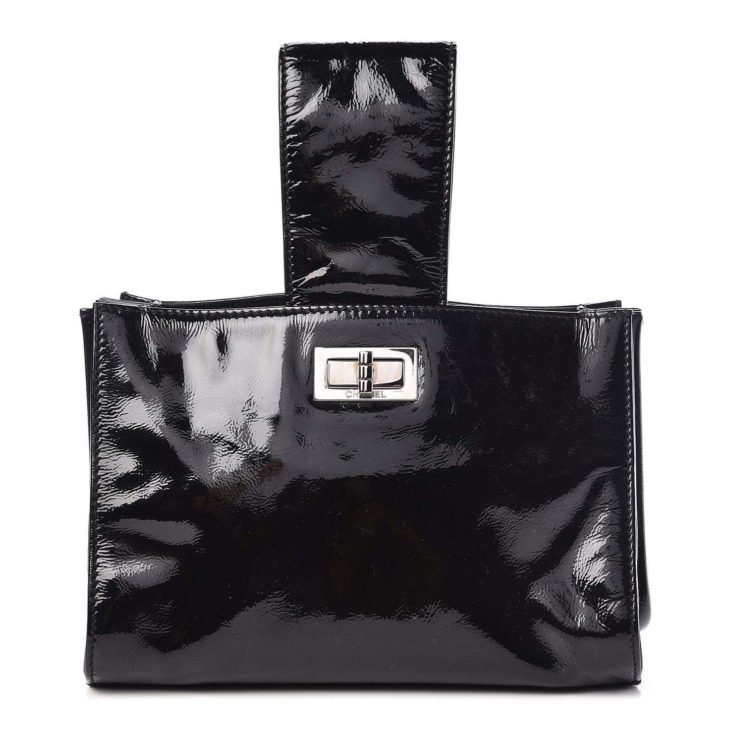 Patent Mademoiselle Lock Convertible Wrist Clutch Bag Black