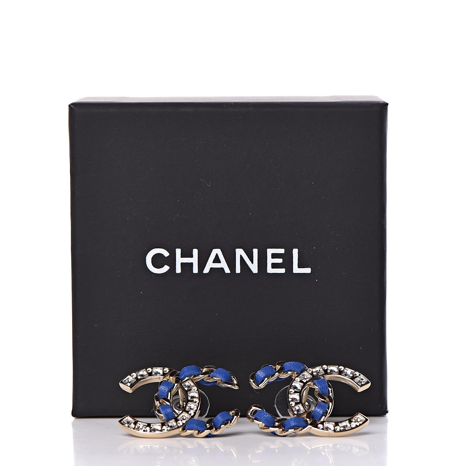 Chanel Crystal Baguette Lambskin Large CC Earrings Gold Blue 5 of 5