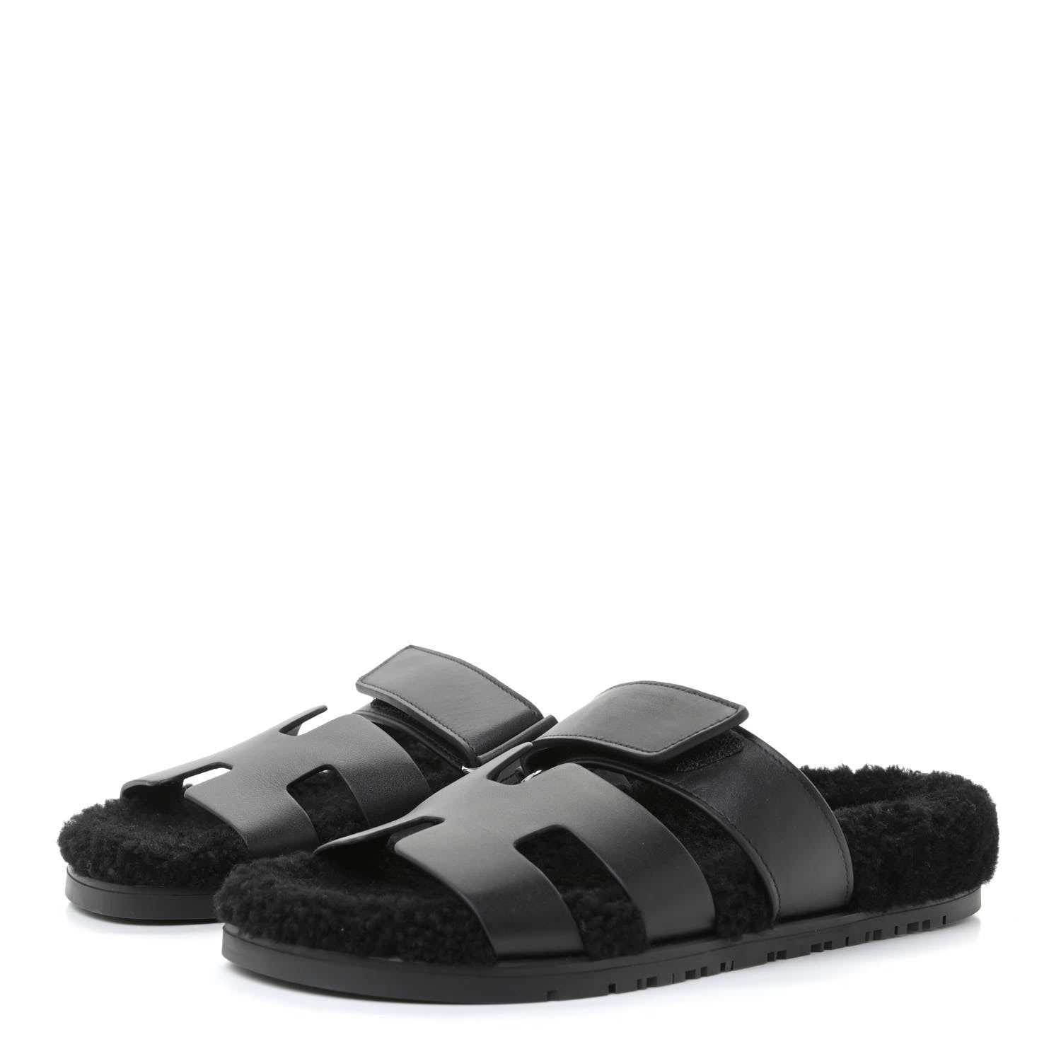 Hermes Calfskin Woolskin Womens Chypre Sandals 37 Black 2 of 10