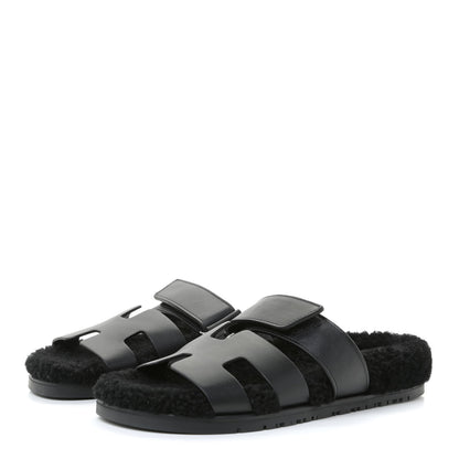Hermes Calfskin Woolskin Womens Chypre Sandals 37 Black 2 of 10