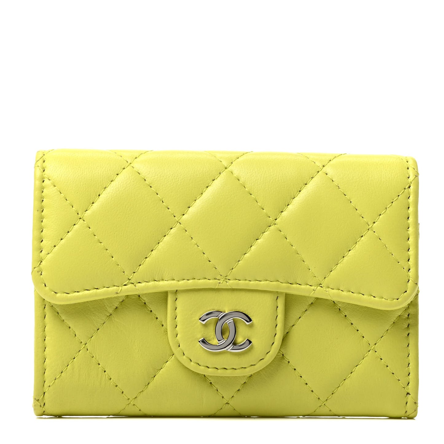 Lambskin Quilted Flap Card Holder Wallet Yellow