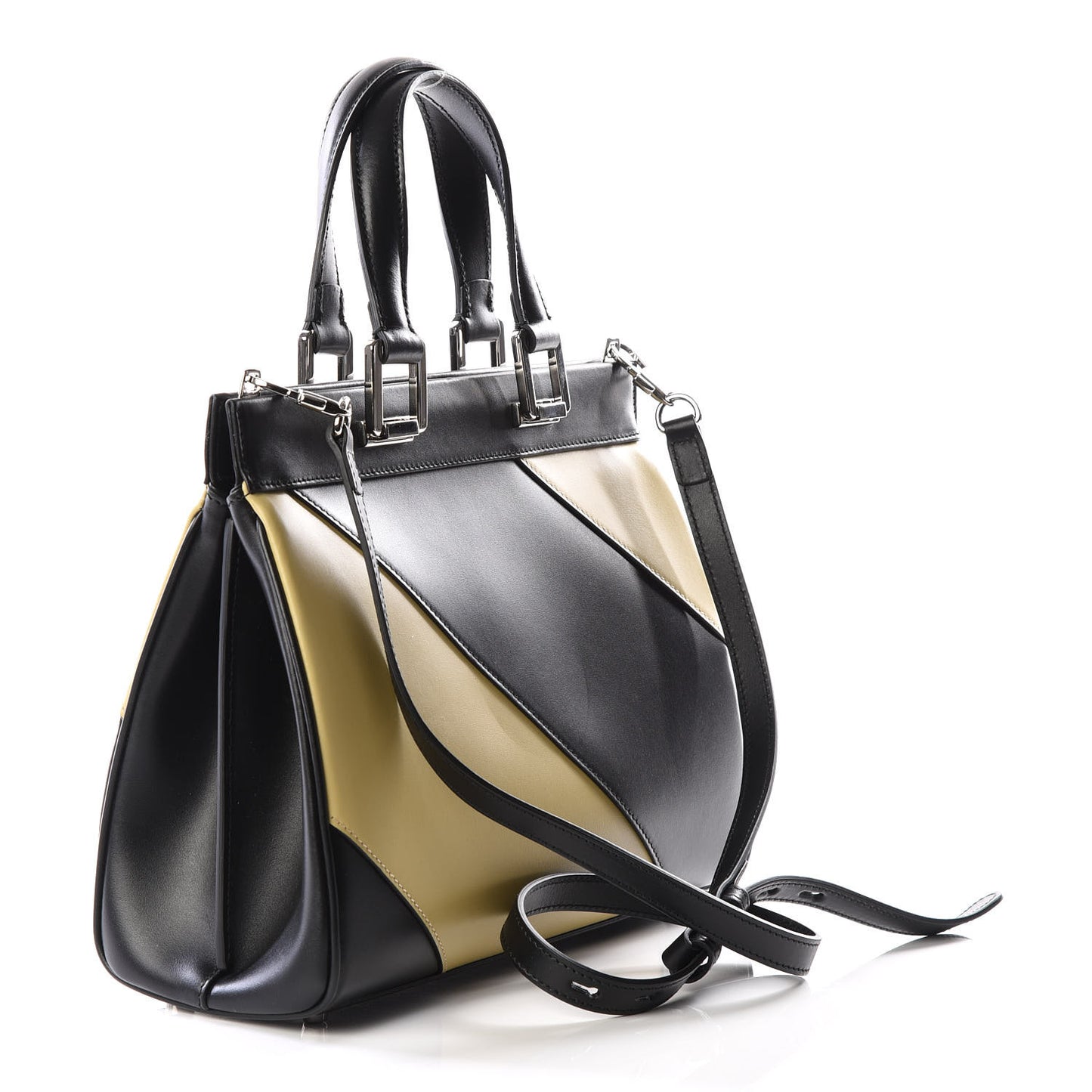 Smooth Calfskin Diagonal Striped Small Zumi Top Handle Bag Black Beige