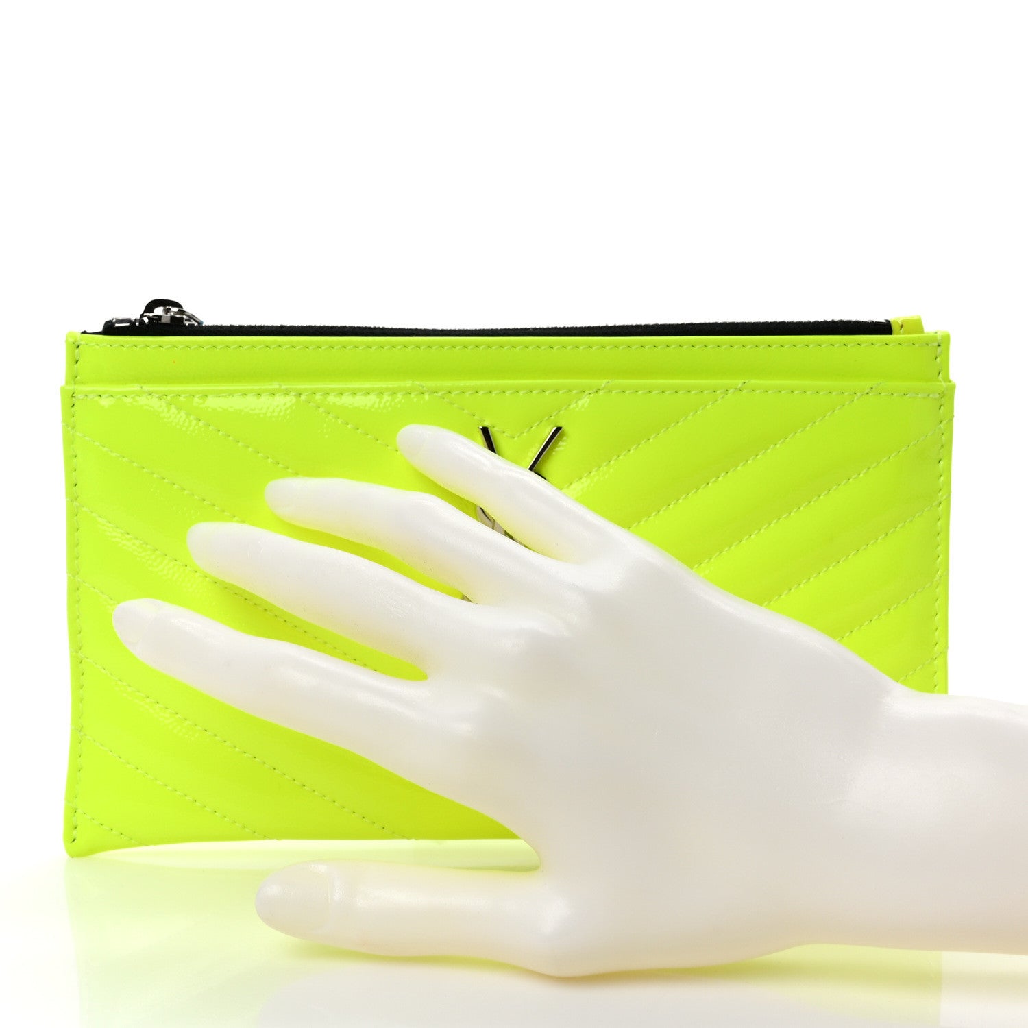 Saint Laurent Patent Grain De Poudre Matelasse Chevron Monogram Bill Pouch Neon Yellow 2 of 7