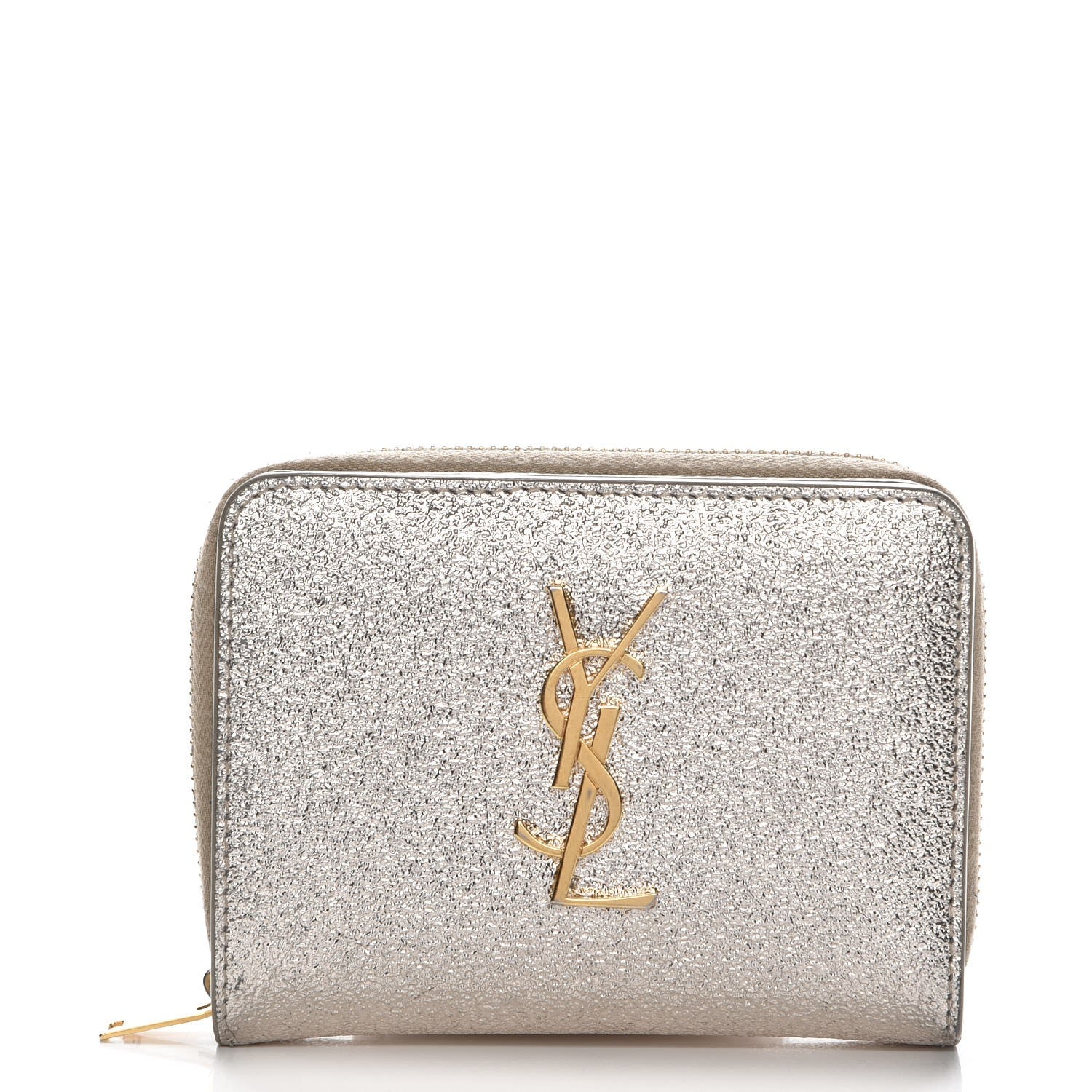 Saint Laurent Metallic Calfskin Monogram Compact Zip Around Wallet Grey 1 of 7