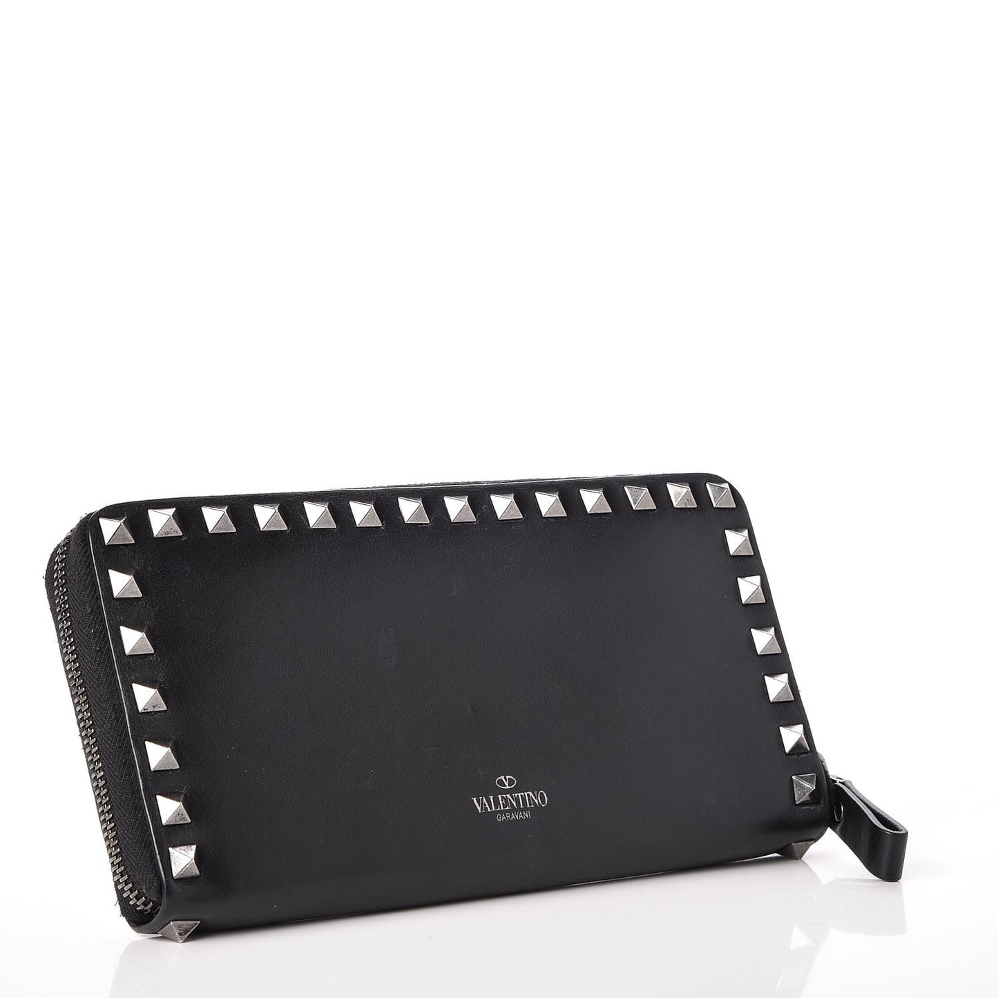Calfskin Tonal Rockstud Zip Around Wallet Black