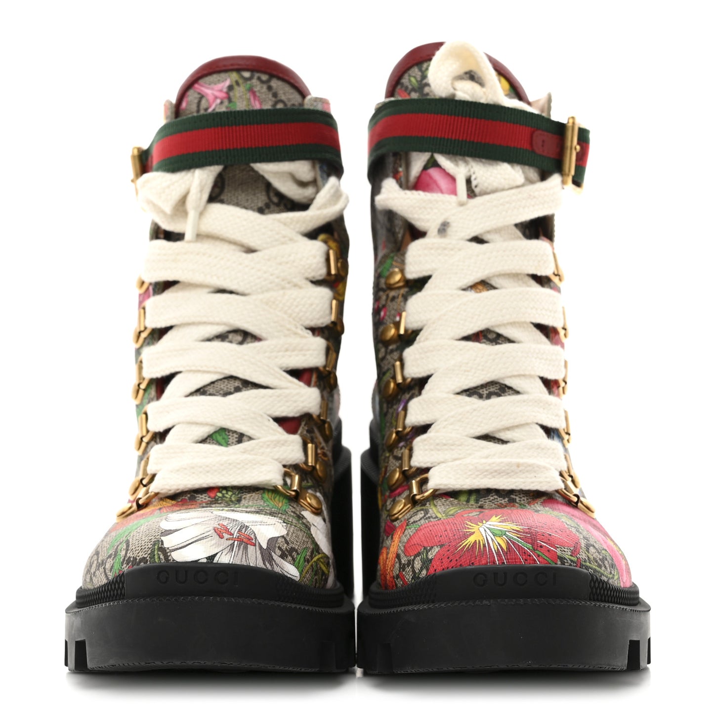 GG Supreme Monogram Flora Lace Up Combat Ankle Boots 37.5 Beige Multicolor Red