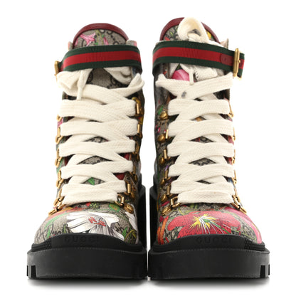 Gucci GG Supreme Monogram Flora Lace Up Combat Ankle Boots 37.5 Beige Multicolor Red 3 of 9