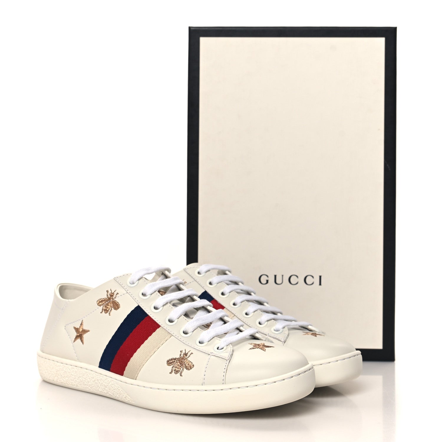 Gucci Calfskin Bee Star Embroidered Sylvie Web Ace Sneakers 35.5 White 10 of 10