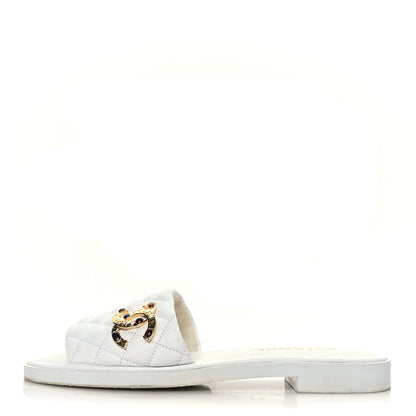 Chanel Shiny Goatskin Quilted CC Mules Sandals 37.5 White 1 of 8