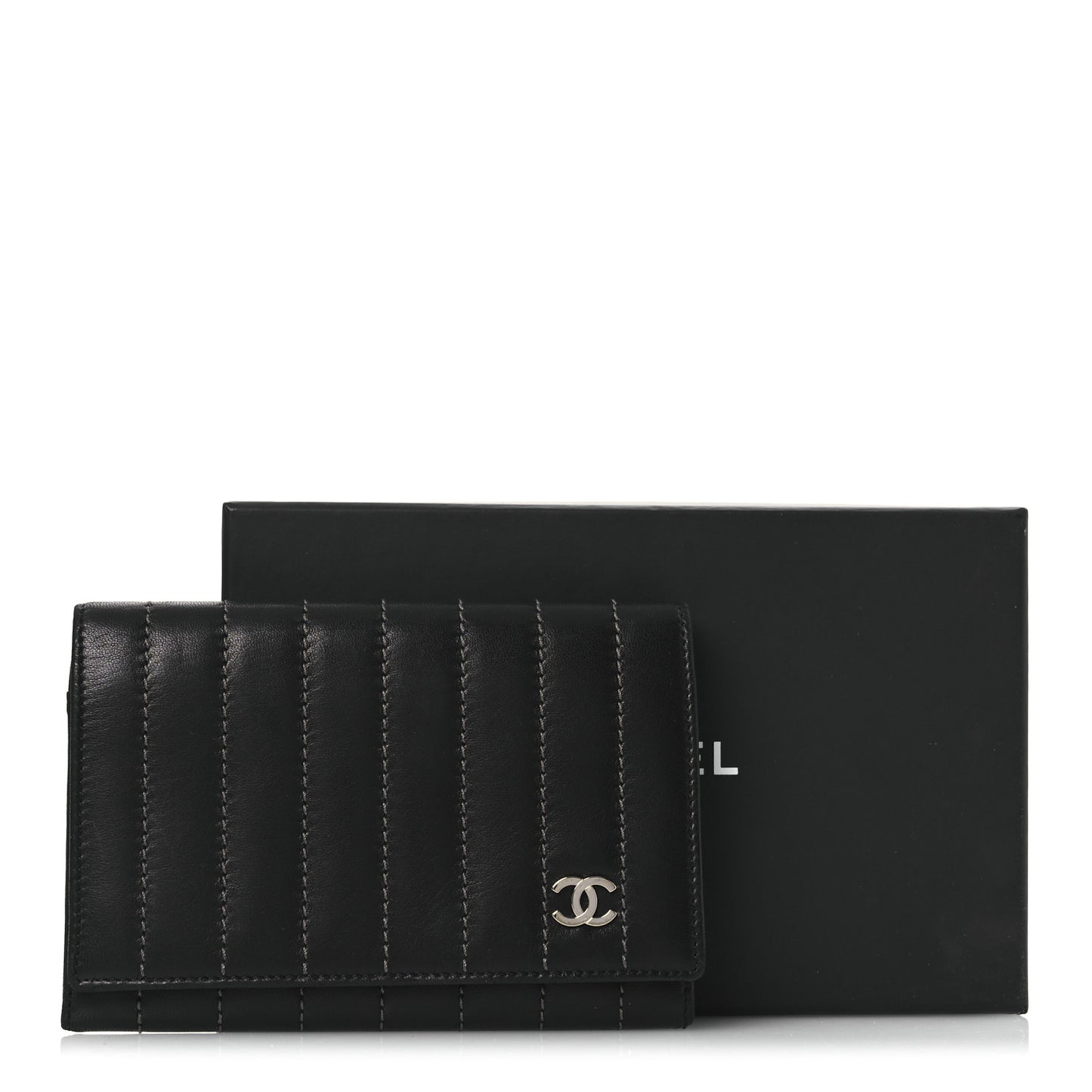 Lambskin Vertical Quilted Mademoiselle Compact Wallet Black