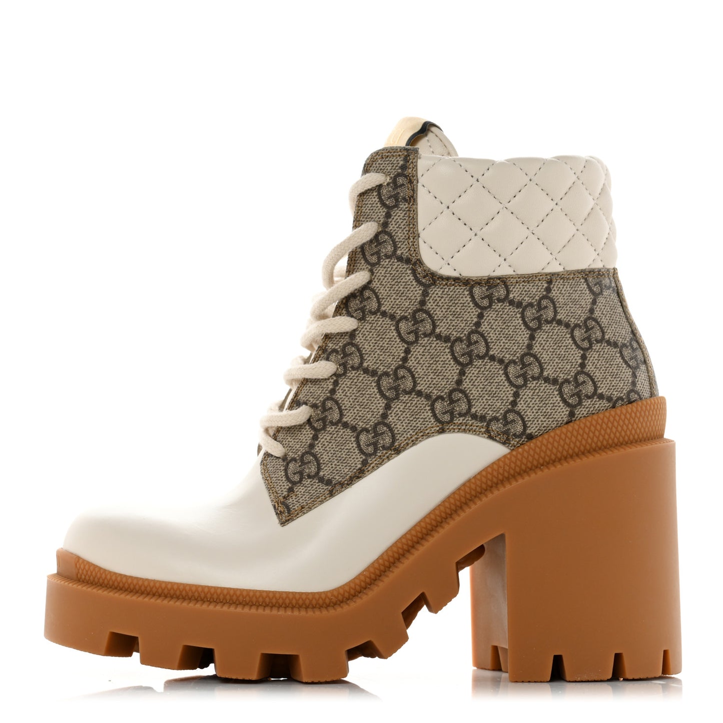 Calfskin GG Supreme Monogram Nappa Quilted Lace Up Ankle Boots 36.5 Mystic White Beige
