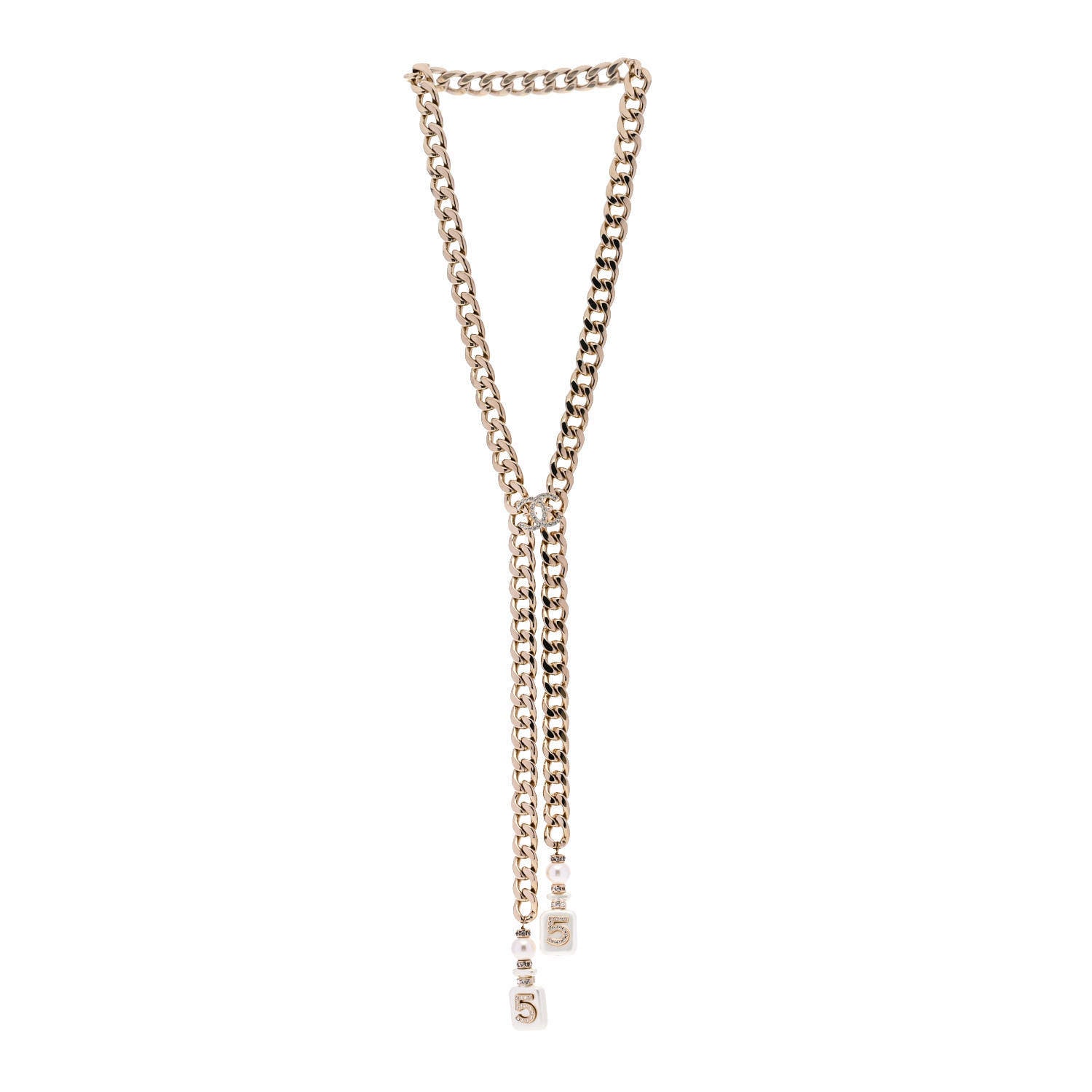 Chanel Pearl Resin Crystal CC No 5 Perfume Bottle Chain Gold 3 of 7