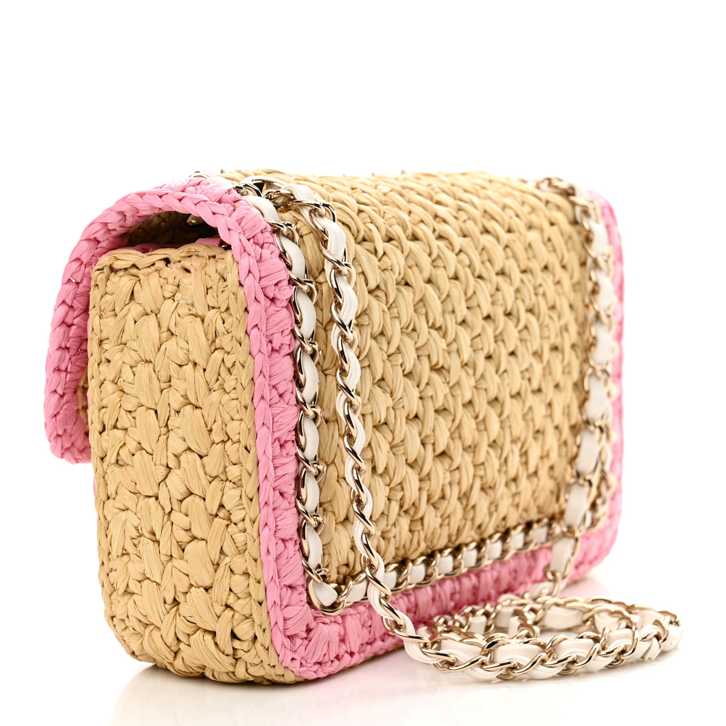 Raffia Chain Venice Beach Flap Bag Beige Pink