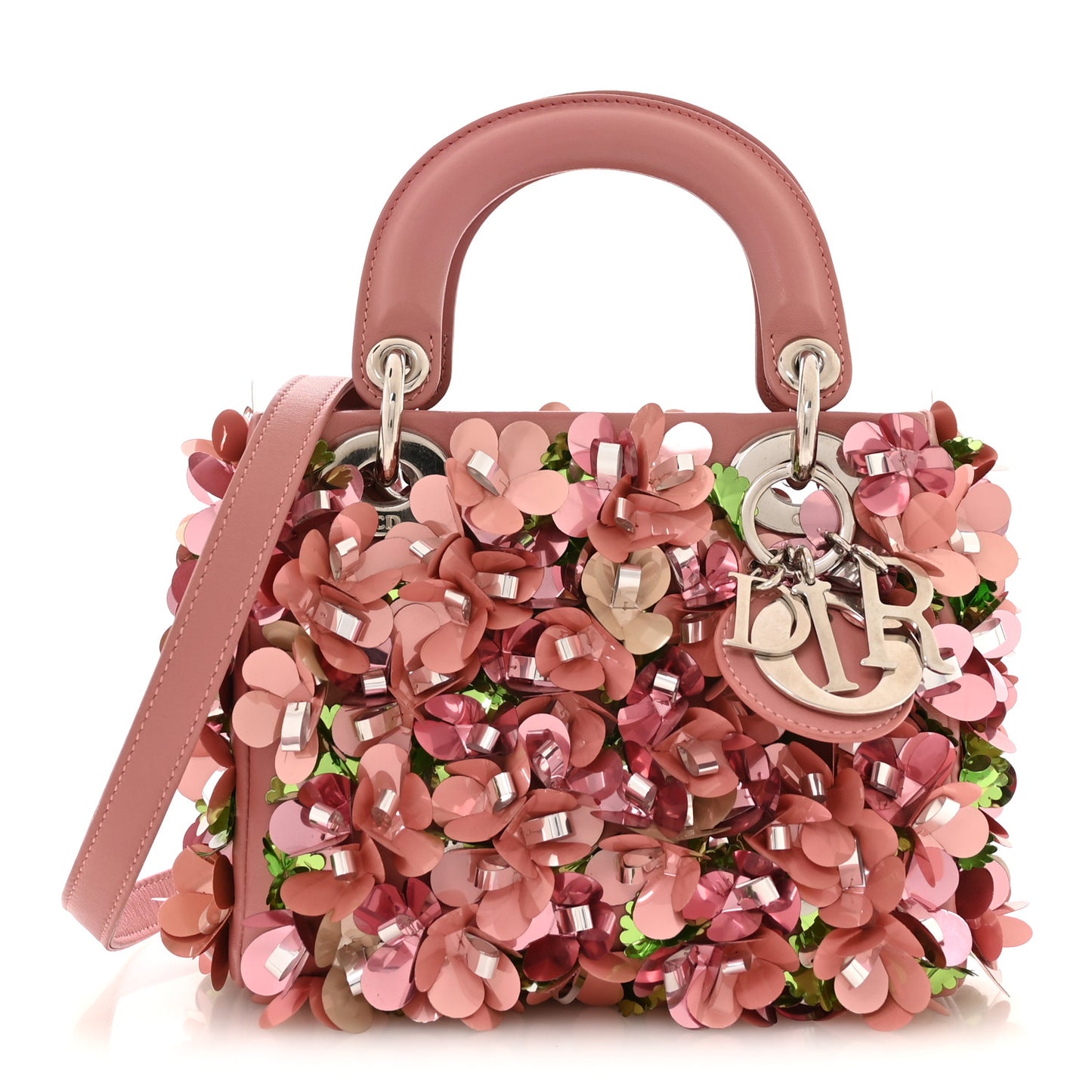 Calfskin Flower Charm Embellished Mini Lady Dior Pink