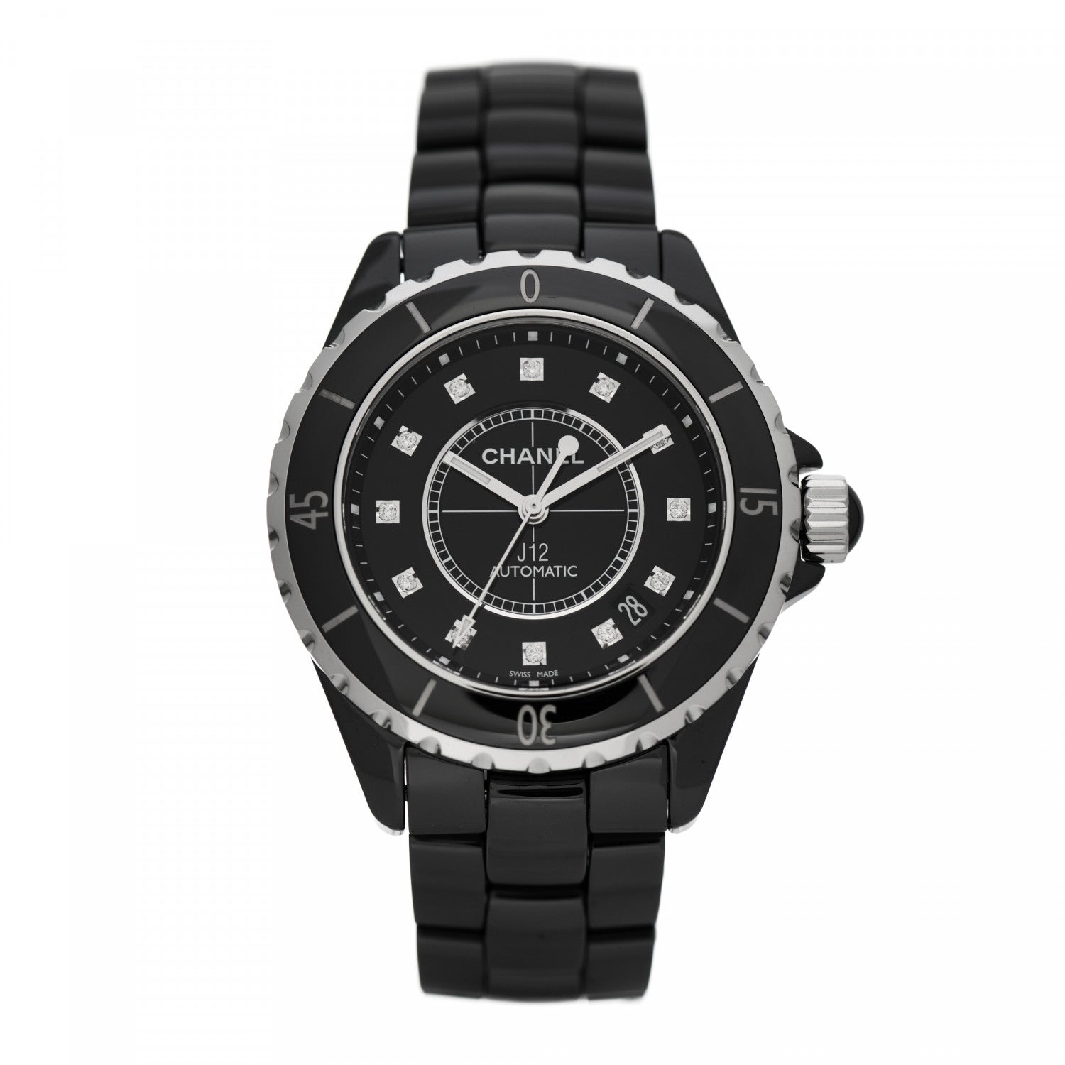 Chanel Stainless Steel Ceramic Diamond 38mm J12 Automatic Watch Black 1 of 5